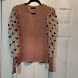 SHEIN Tan Nude Ribbed Top Sheer Polka Dot Puff Sleeve